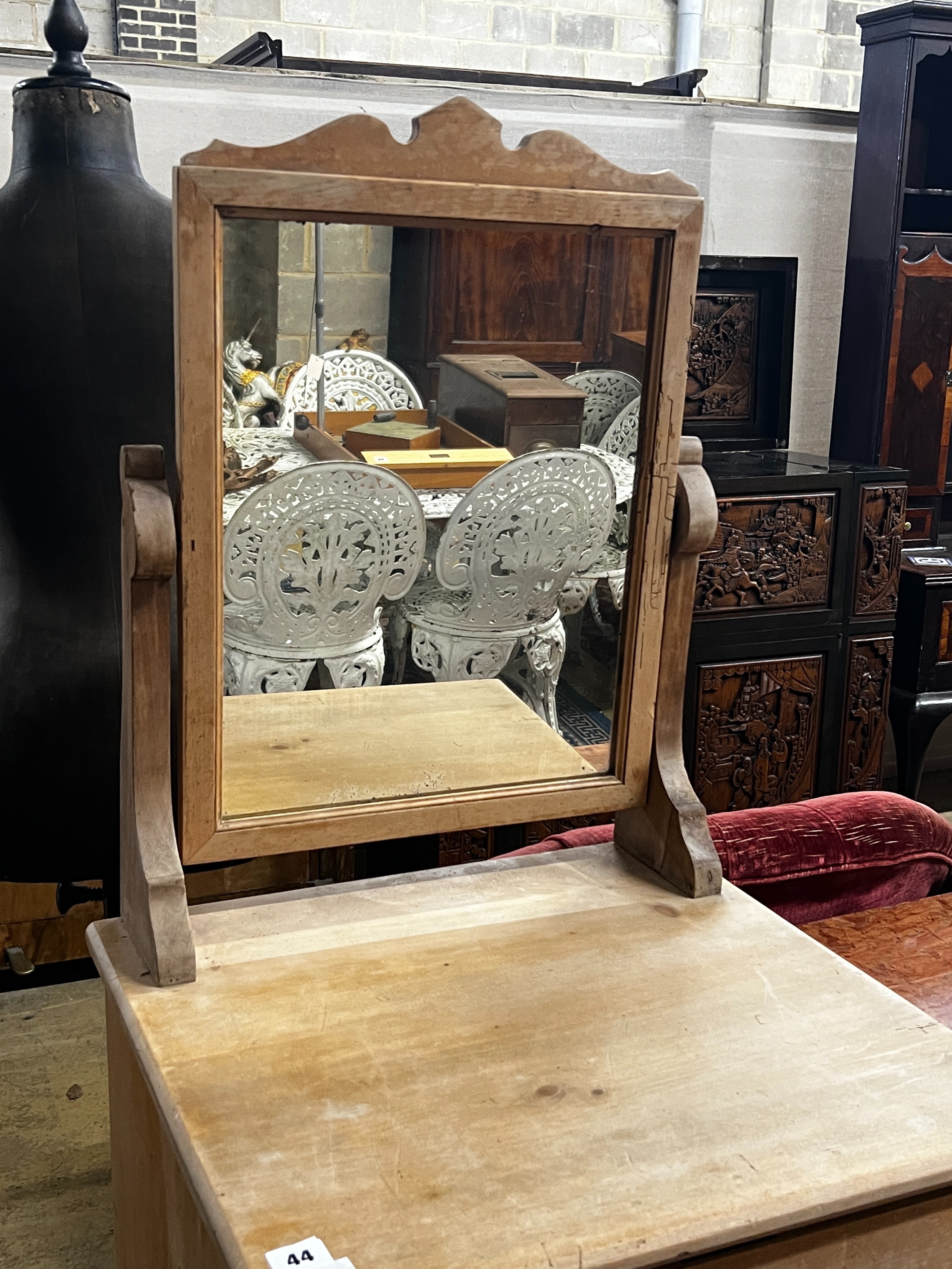 A late Victorian part marble topped four drawer pine dressing chest, width 102cm, depth 48cm, height 146cm